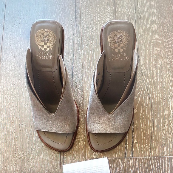 Vince Camuto Shoes - Vince Camuto Shimmery Taupe Open-Toe V-Slit Slide Mules